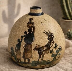 Vintage Tonala Mexico Pottery Vase Signed Carmela Zambrano Folk Art Deer Scene